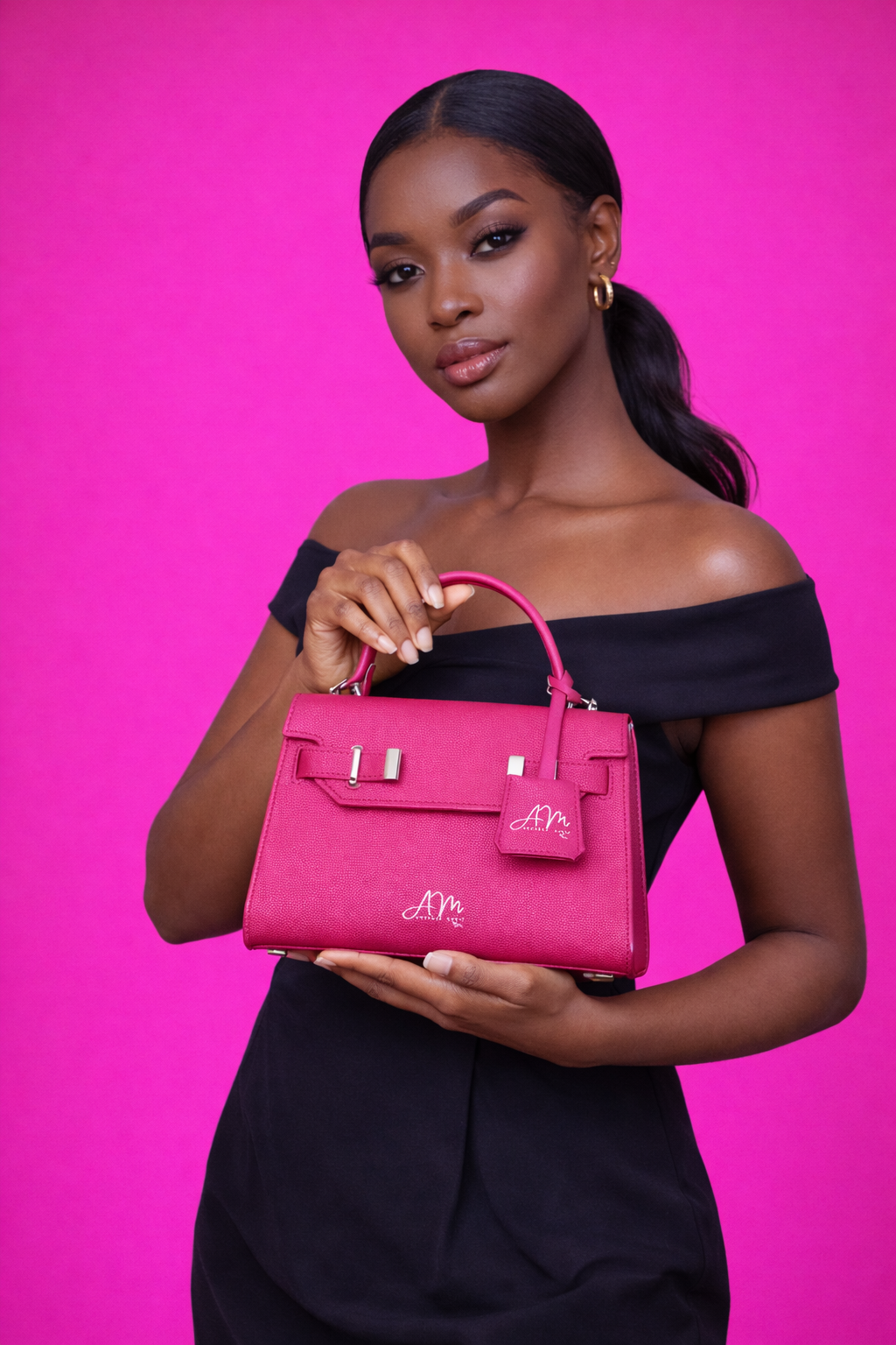 Woman holding the Rose Dream Lux handbag against a magenta backdrop